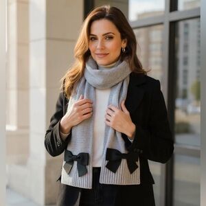 KATE SPADE Gray Long Wool Blend Scarf Black Grosgrain Bows Cute R $98